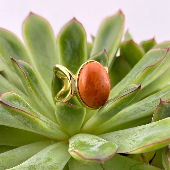 Genuine Salmon Howlite 18k Gold Plated Ring Size 5.5 - Picture 2 of 13